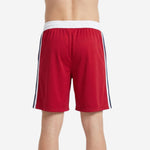 Back view of red custom rec league basketball shorts with white and navy side stripe and elastic waistband