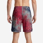 back view of red and navy rec league basketball shorts showing full star pattern across both panels