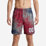 rec league basketball shorts in distressed red and navy star pattern with white player number at left front thigh