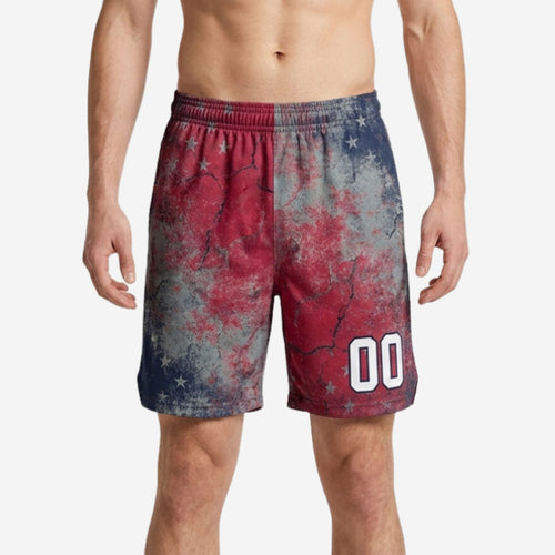 rec league basketball shorts in distressed red and navy star pattern with white player number at left front thigh