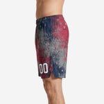 opposite side view of custom rec league basketball shorts in red and navy distressed star design