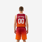 Back view of custom rec league basketball uniform in red-to-orange gradient showing back number and name placement on jersey