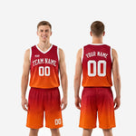 Size and specification sheet for custom red and orange rec league basketball uniforms showing youth and adult sizing run