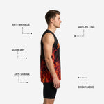 Back view of the custom red and black basketball jersey showing the back number and player name placement on the flame-patterned reverse panel
