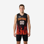Custom red and black basketball jerseys with full-panel flame sublimation print, team name arced across the chest and number 00 on the front, worn by a male model