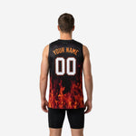 Right side view of the custom red and black flame basketball jersey confirming full side-panel sublimation print with no blank panels