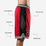 Back view of custom red and black basketball shorts with sublimated player number and black side panels running to the hem