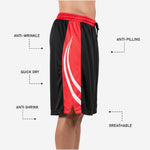 Back view of custom red and black basketball shorts showing back number and player name print zone on black body