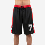 Custom red and black basketball shorts front and back view showing white thigh number and red waistband for team orders