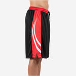 Front view of custom red and black basketball shorts with large white number 7 on left thigh and red elastic waistband with black drawcord