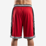 Left side view of custom red and black basketball shorts showing full-length black side panel and matching stripe at the hem
