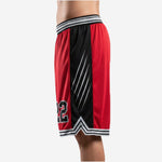Right side view of sublimated red and black team basketball shorts with striped elastic waistband and black hem stripe detail