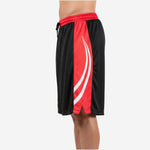 Left side view of custom black basketball shorts with full red side panel and 3 white arc marks running hip to hem