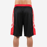 Right side view of custom red and black team basketball shorts showing side split at the hem and red panel detail