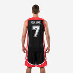 Size and spec sheet for red and black custom basketball uniforms showing youth and adult size run for team orders