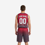 Back view of custom red and black basketball uniform showing back number placement and full crimson-to-charcoal gradient on jersey and shorts