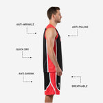 Back view of red and black custom basketball uniform showing back number and player name placement on black jersey body