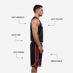 Back view of black and red custom basketball jersey and shorts set with large back number and player name in red and gray sublimated print