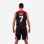 Back view of custom red and black basketball uniform showing back player name and number placement on black jersey