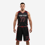 Custom red and black basketball uniforms front and back view showing carbon-texture black jersey with red side panels and matching shorts with player number 77