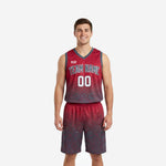 Custom red and black basketball uniforms with crimson-to-charcoal gradient and geometric diamond pattern, team name and number 00 on chest - full set front view