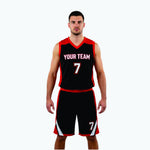 Custom red and black basketball uniforms two-piece set with V-neck jersey and matching shorts front view on male model