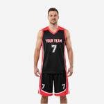 Sublimated red and black basketball uniforms two-piece set with V-neck jersey and matching shorts, front view on male model