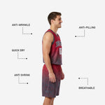 Detail view of custom red and black basketball shorts waistband with drawcord and sublimated geometric diamond pattern