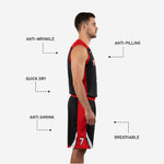 Close detail of red and black basketball shorts showing white chevron accent side panel and player number on leg
