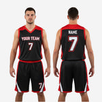 Size and specification chart for custom red and black basketball uniform set in youth and adult sizes