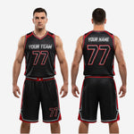 Size and specification sheet for custom red and black basketball uniforms available in youth and adult sizing for full team roster orders