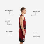 Back view of fully sublimated red and black basketball uniforms showing player name and back number placement on the crimson red and black splash jersey