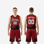 Size and specification sheet for red and black basketball uniform sets showing youth and adult size run for the jersey and shorts
