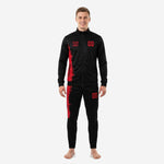 Adult male model wearing a custom red and black soccer tracksuit with red splash side panel and full-zip stand collar jacket