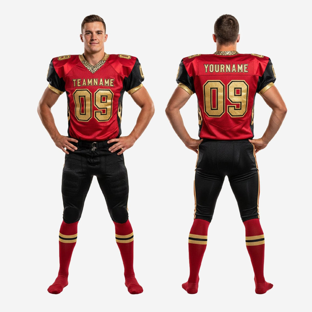 Season Long Custom Red and Black Football Uniforms - Gold Set