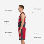 Back view of the red and black reversible basketball uniform showing back number and player name print zones on both sides of the sublimated jersey