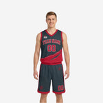Charcoal side of the red and black reversible basketball uniform with red claw-scratch diagonal panel and red arched team name on adult male model