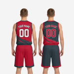 Size and specification sheet for the custom red and black reversible basketball uniform set covering youth and adult sizing options