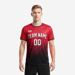 Custom red and black soccer jersey with Crimson Red to Jet Black gradient, arched team name and number on chest, mens athletic fit, front view