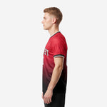 Custom red and black soccer jersey right side view displaying Crimson Red upper body transitioning to Jet Black hem with crew neck trim detail