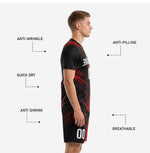 Athletic cut red and black soccer jersey and shorts set with full-dye sublimation print, YS to 3XL sizes available
