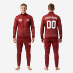 Full custom red and black soccer tracksuit 2-piece set for men showing crimson dot-burst jacket and matching maroon pants