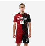 Men's custom red and black soccer uniform set with diagonal stripe design, front view showing team name and number on jersey and matching shorts