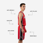 Back view of custom red and black youth basketball uniform showing player name and back number placement on fully sublimated red jersey