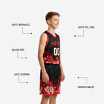 Back view of red and black youth basketball uniform showing back number placement and flame sublimation on jersey and shorts
