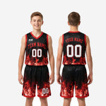 Youth basketball uniform size chart for red and black flame design showing available youth sizes for team ordering