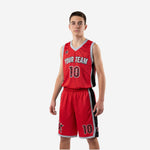 Custom red and black youth basketball uniforms full set front view showing V-neck jersey with star crest team name and number 10 with matching shorts