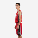 Youth basketball uniform size and specification sheet for red and black tournament set showing available youth sizes for full roster ordering
