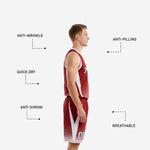 Back view of custom red and white basketball jersey showing player name arc and back number on deep red sublimated fabric
