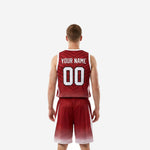 Opposite side view of red and white sublimated basketball uniform set showing armhole binding and shorts side panel detail